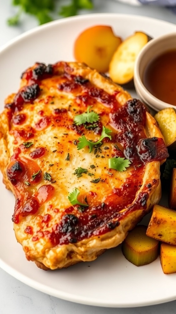 Crispy Air Fryer Pork Chops Recipe Crispy air fryer pork chop on a plate with roasted vegetables and apple sauce.